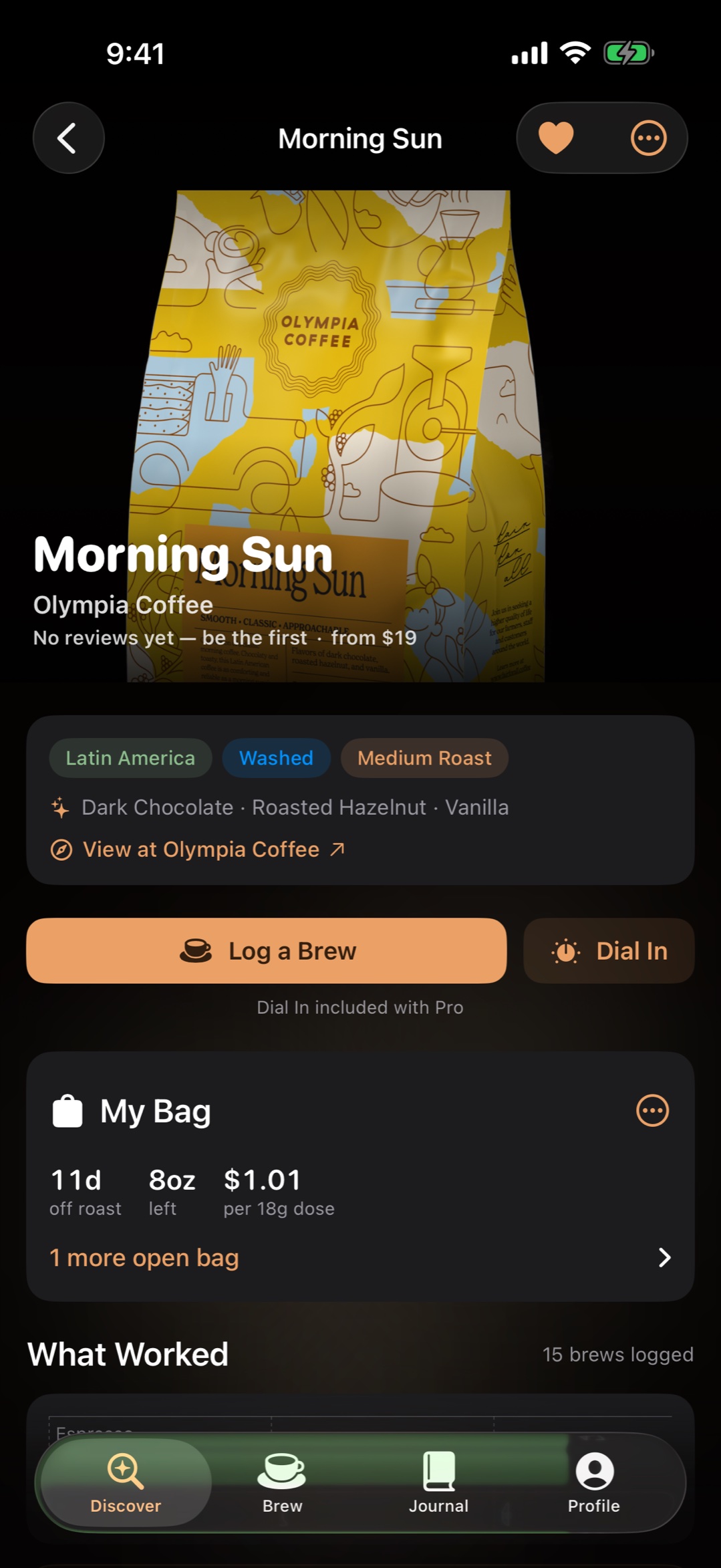 Dial Coffee's coffee detail screen for Morning Sun by Olympia Coffee: bag photo, origin, process and roast tags, tasting notes, Log a Brew and Dial In buttons, and a My Bag freshness card.