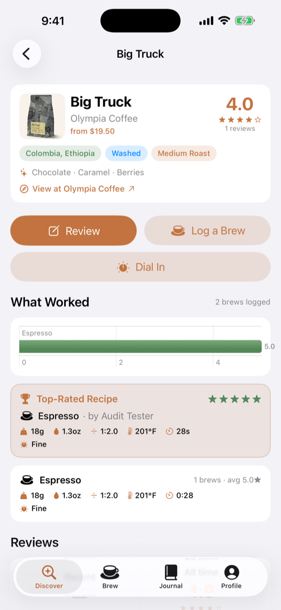 Dial Coffee's coffee detail screen: star rating, flavor and origin tags, a What Worked chart, and a top-rated espresso recipe.