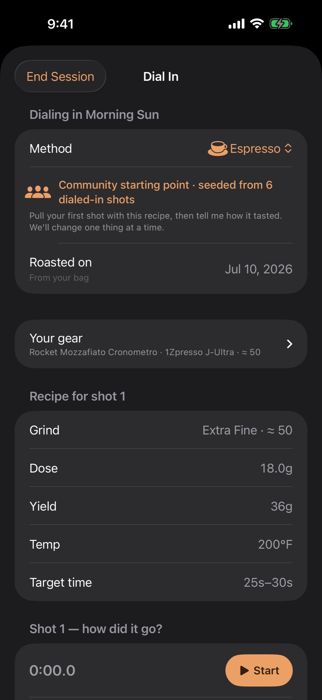 Dial-in coaching screen: a community starting point seeded from six dialed-in shots, your own grinder and machine, and the full recipe for shot one — grind, dose, yield, temperature and target time.