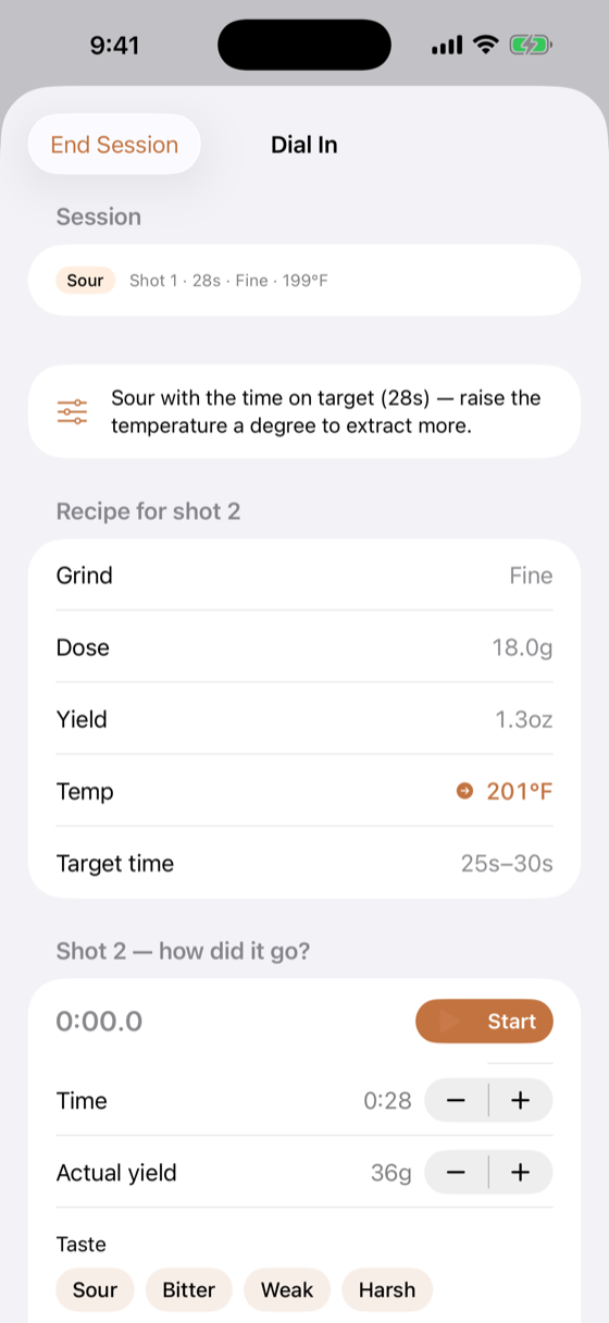 Dial-in coaching screen: one clear change to make on the next shot, with the recipe for shot two.