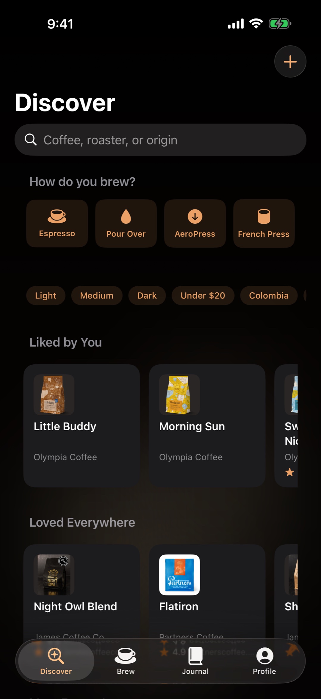 Discover screen: a search bar, a 'How do you brew?' method picker, roast, price and origin filter chips, and shelves of real coffees — 'Liked by You' and 'Loved Everywhere' — with bag art.