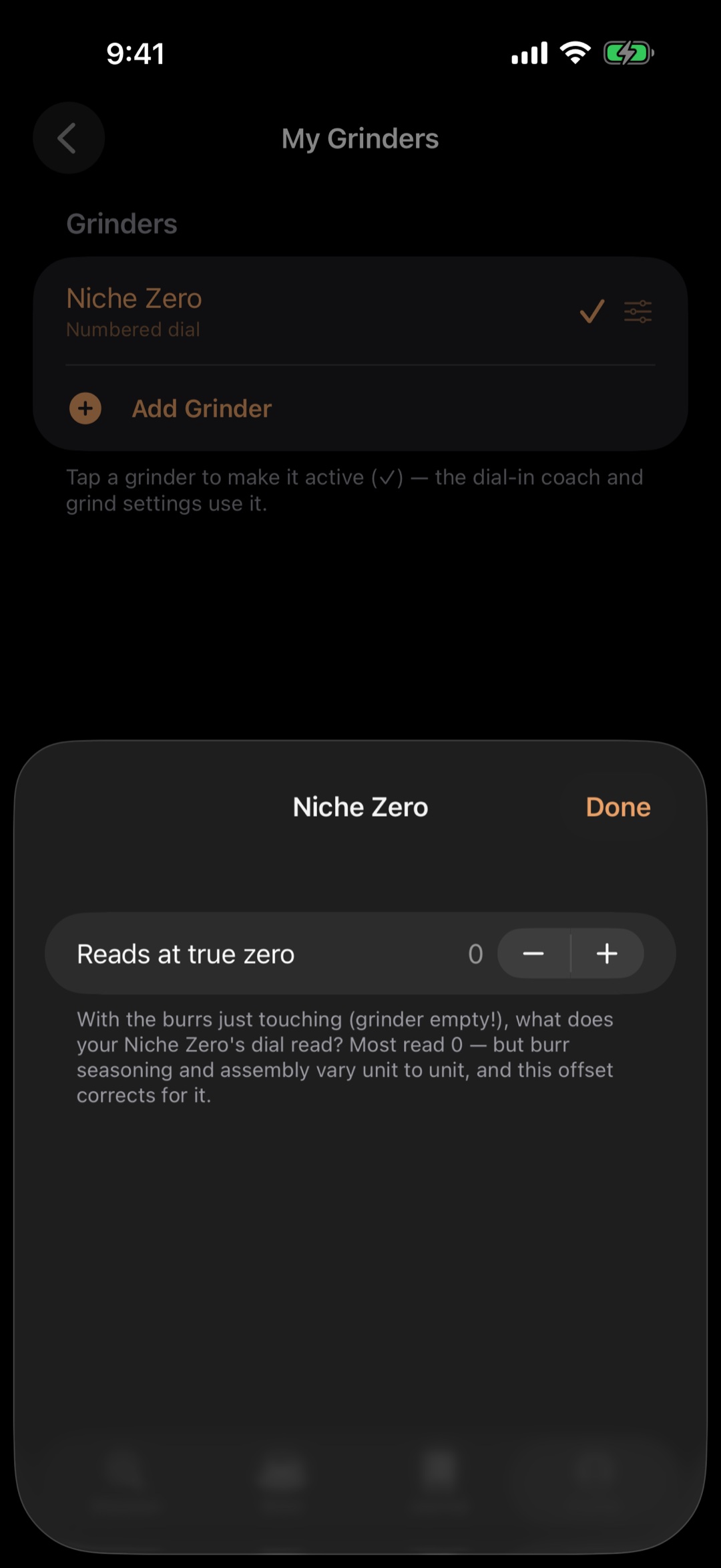 Grinder calibration screen: setting a true-zero offset for a Niche Zero so recipes translate into your own dial numbers.