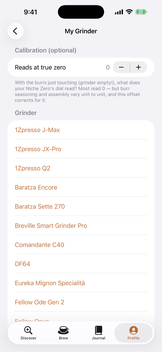 Grinder calibration screen: a true-zero offset and a searchable list of grinder models.