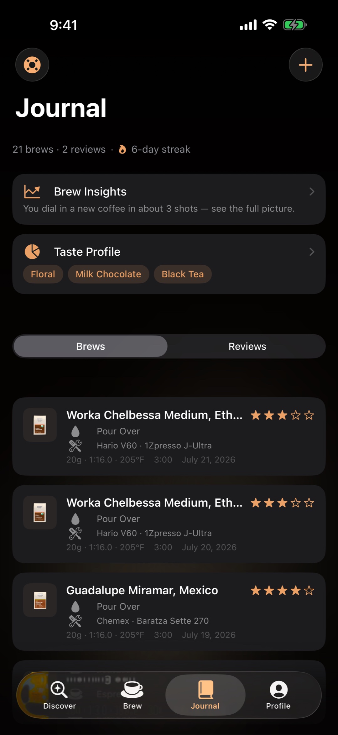 Journal screen: brew and review counts with a six-day streak, Brew Insights and Taste Profile cards, and a history of logged brews with recipes, gear and ratings.