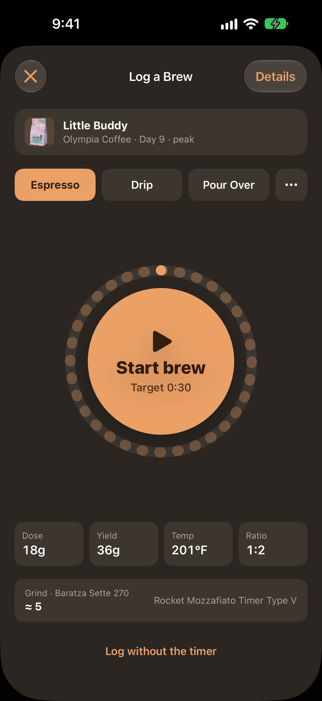 Log a Brew's timer-first Ready screen: the bag you're brewing, method chips, a big Start brew button with a target time, and dose, yield, temperature, ratio and grind tiles.